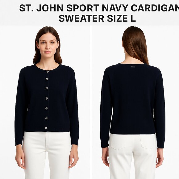 ST. JOHN SPORT NAVY CARDIGAN SWEATER SIZE L - Picture 1 of 9